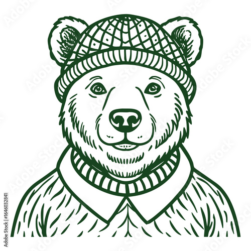Charming illustration of a friendly bear dressed in a cozy woolen fisherman sweater