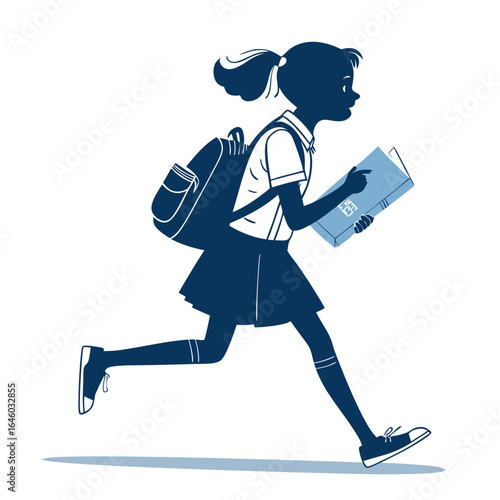 Silhouette of a schoolgirl running with books and backpack on white background
