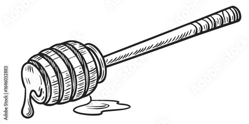 black and white detailed illustration of a honey dipper with dripping honey isolated on white background.