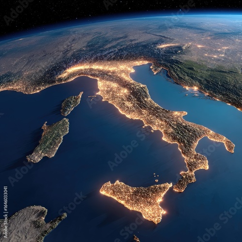 Nighttime view of Italy from space, showcasing city lights