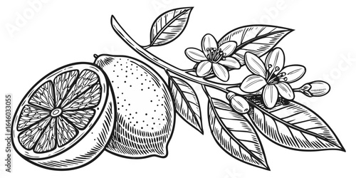 botanical citrus fruit engraving with cross section leaves and flowers for vintage culinary illustration isolated on white background.