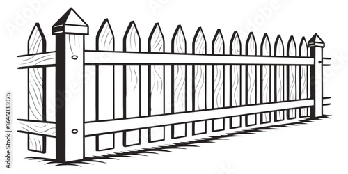 traditional white picket fence line drawing illustration for residential property and suburban home design isolated on white background.