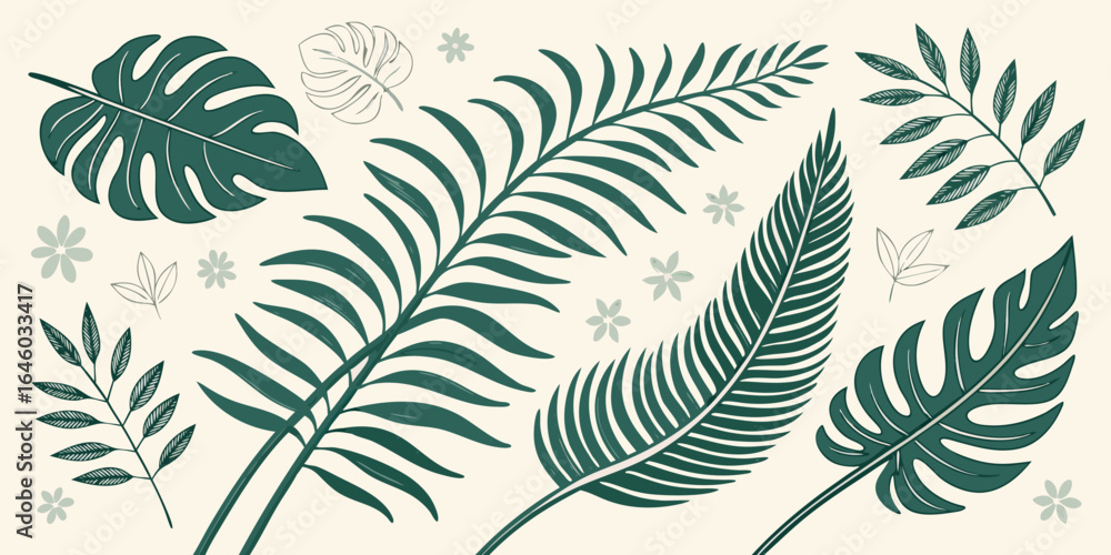 Fototapeta premium tropical botanical leaves collection in teal green and cream for contemporary interior design