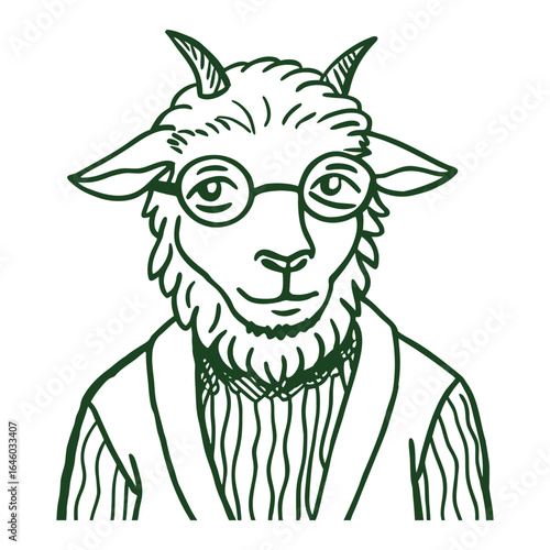 Charming illustration of a goat wearing round spectacles and a cozy knitted cardigan perfect for invitations