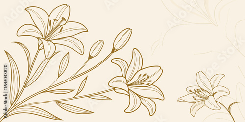 Wallpaper Mural elegant golden lily flowers line art with graceful stems and leaves on cream background Torontodigital.ca