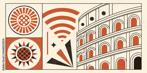 roman architectural elements with geometric patterns and colosseum arches in terracotta tones