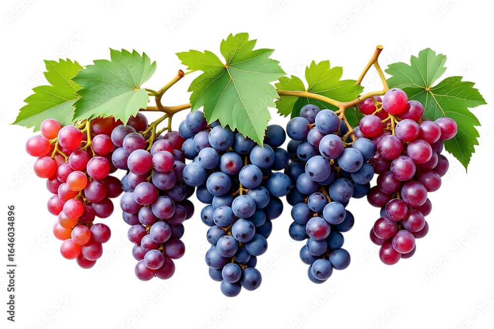 Fototapeta premium bunches of fresh red and blue grapes with green leaves, isolated on transparent background