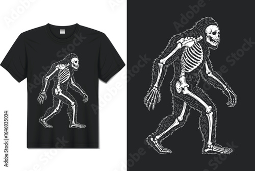 Bigfoot Sasquatch Skeleton - Vintage Gothic Horror T-Shirt Vector Illustration