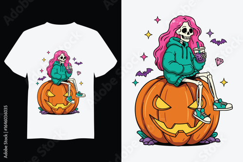 Cute Skeleton Girl with Boba Sitting on Jack‑O‑Lantern – Kawaii Halloween T‑Shirt Vector