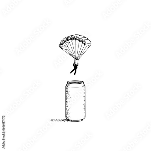Parachute skydiver landing into can drawing black and white minimalist design illustration vector art image