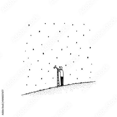 Man stargazing stars telescope astronomy night sky cosmos universe exploration ladder celestial observation art