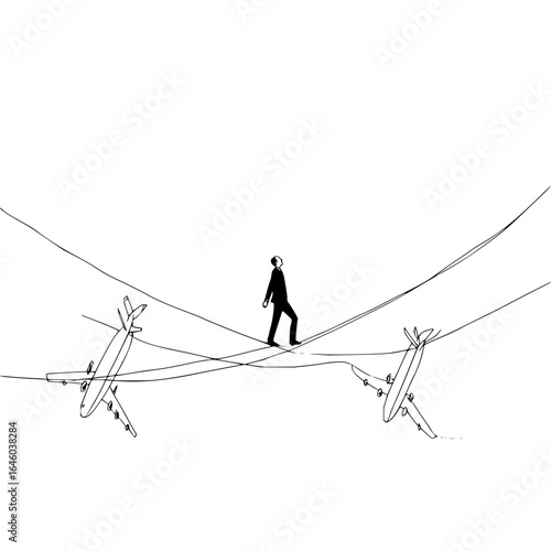 Man walking balancing on rope between airplanes adventure journey risk challenge line art concept drawing