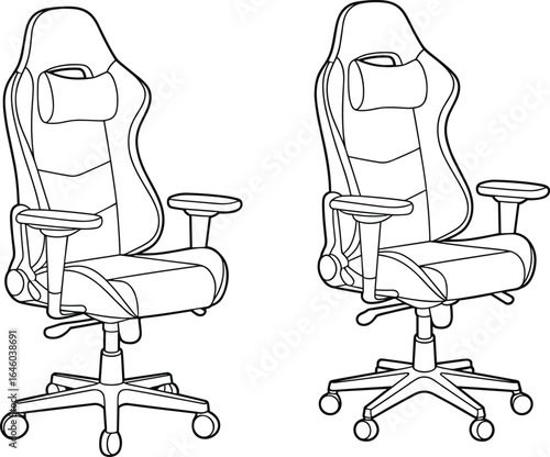 Ergonomic office chairs, adjustable armrests, lumbar support, padded seat, swivel base, modern design, home office, CAD drawing flat vector illustration