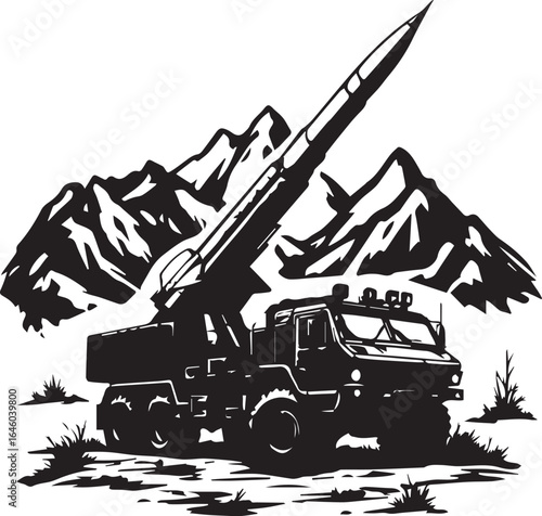 Military Missile Launcher Vehicle Against a Mountainous Landscape