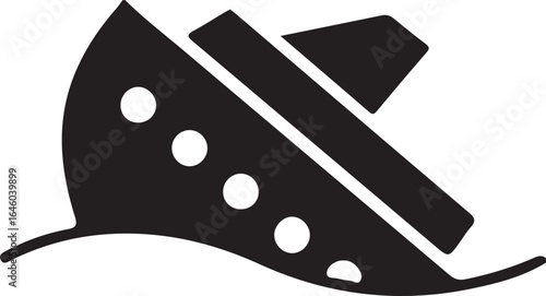 Stylized black silhouette of a sinking ship on waves