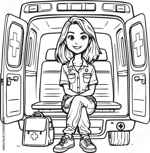 Smiling Paramedic in Ambulance: Coloring Page for Kids & Medical Professionals

