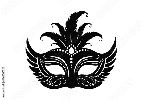 Elegant Black Carnival Mask with Feathers and Ornate Details Isolated on White Background a Symbol of Mystery Intrigue and Celebration