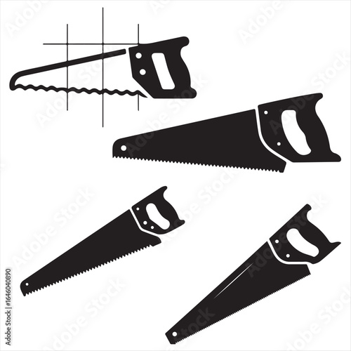 Various Types of Hand Saws Silhouetted Against a White Background Demonstrating Carpentry and Woodworking Tools