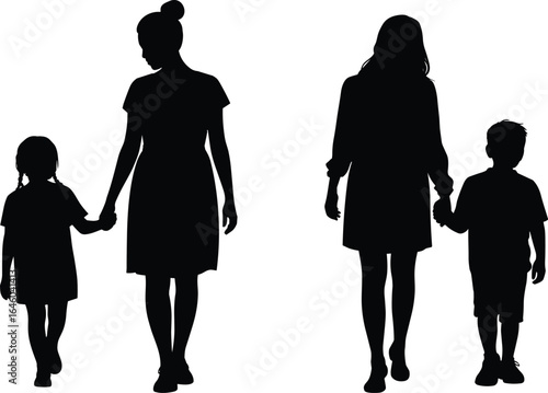 PrintMother, son, daughter, silhouette, family, parenting, love, together, walking, holding hands, bond, connection, mom, child, care, affection, vector, illustration, motherhood,