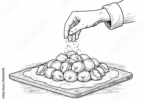 Hand-Drawn Sketch of Making Frozen Pelmeni Dumplings Vector Illustration