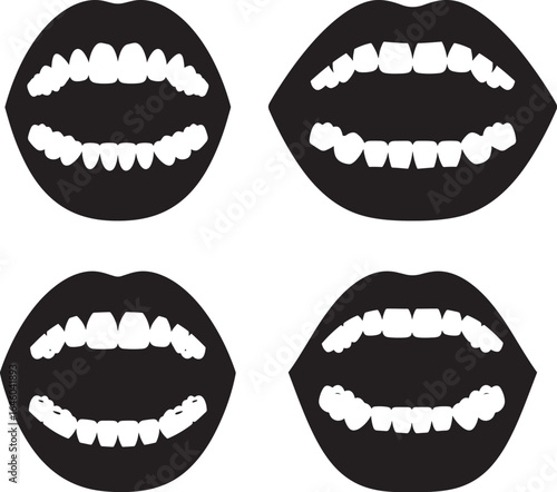 Four black and white mouth silhouettes showing open teeth and lips