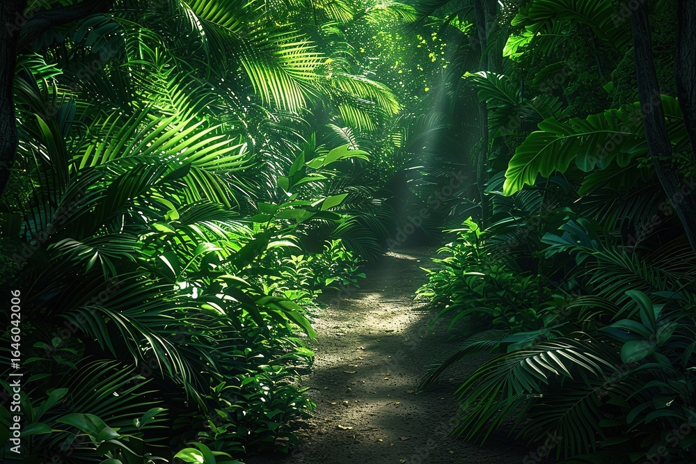 Fototapeta premium Lush tropical jungle path sunlight