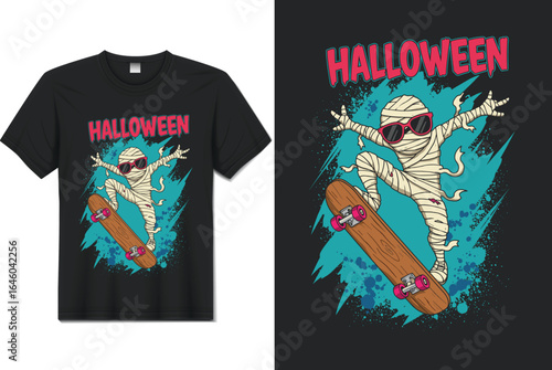 Skateboarding Mummy in Sunglasses – Halloween T‑Shirt Cartoon Vector