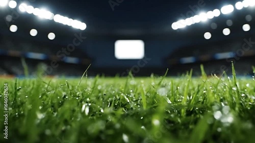 Dewcovered grass field view of a stadium under bright lights background blurred