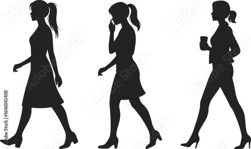PrintSilhouette, women, walking, high heels, confident, fashion, stylish, modern, business, drink, phone, side view, female, casual, people, isolated, elegant, urban, activity, lifestyle