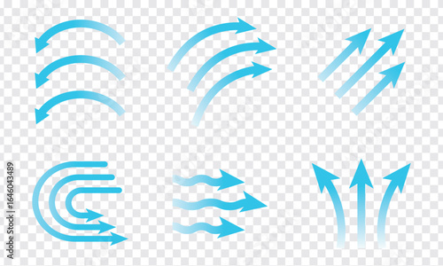 Air flow arrow. Set of blue arrows showing direction of air movement. Air flow isolated on white background.