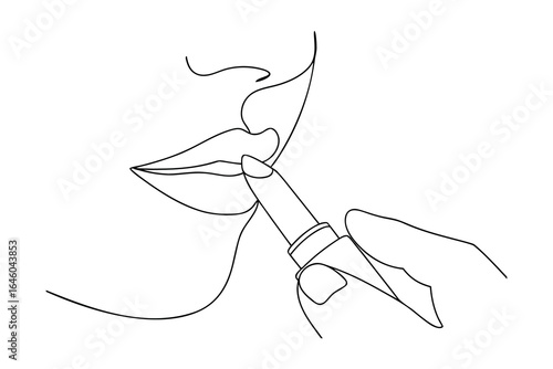 Close up a woman applying lipstick with a single line drawing beauty makeup