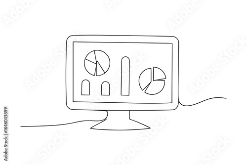 Computer screen displaying pie charts bar graphs with simple line art single line