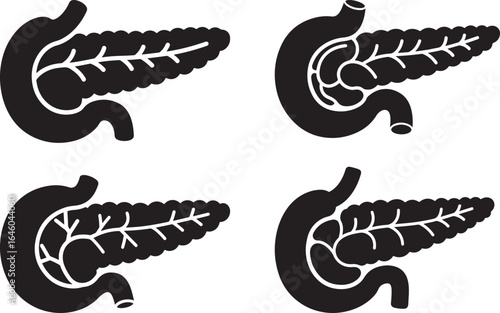 Four stylized black and white illustrations of the human pancreas and duodenum silhouette
