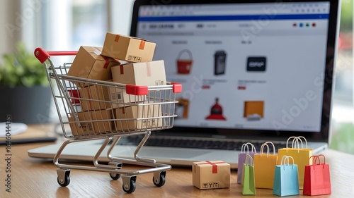 Miniature shopping cart overflowing with packages and shopping bags placed on a desk in front of a laptop displaying an online store website symbolizing e commerce and online shopping convenience