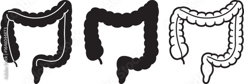 Three stylized representations of the human colon in silhouette style