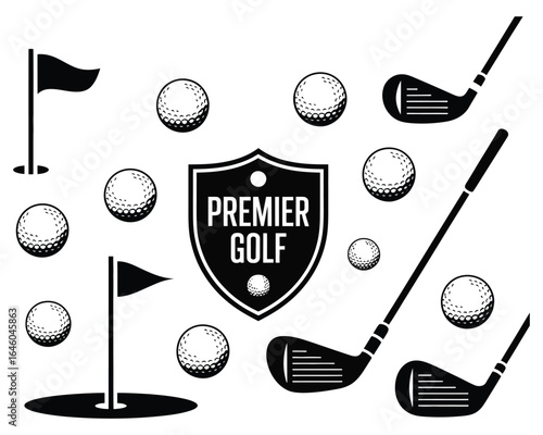 Golf sport equipment icon set vector illustration. Collection of black and white golf club, ball, and flag design elements