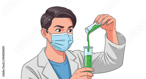 Scientist mixing chemicals in lab with face mask on