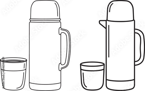 Two thermos flasks with cups in a clean line art silhouette style