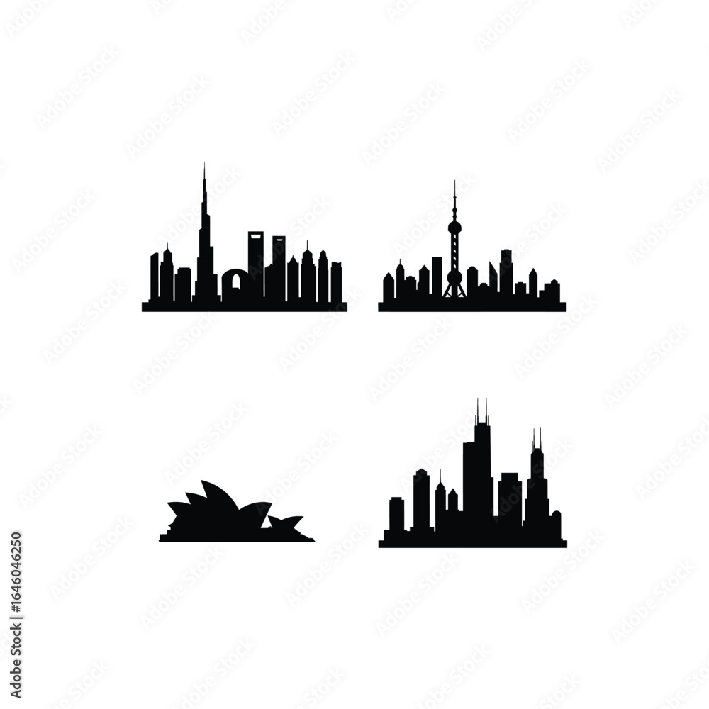 Fototapeta premium World city skyline silhouette isolated on white background featuring dubai, shanghai, sydney and chicago for travel, tourism, architecture and business