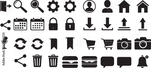 Collection of diverse black digital interface icons in a clean silhouette style