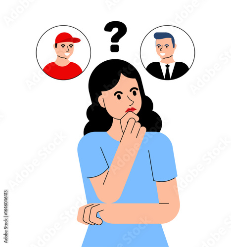 woman choosing between two men, symbolizing relationship dilemma, dating options, and love decision-making. Suitable for romance, psychology, and social interaction themes.