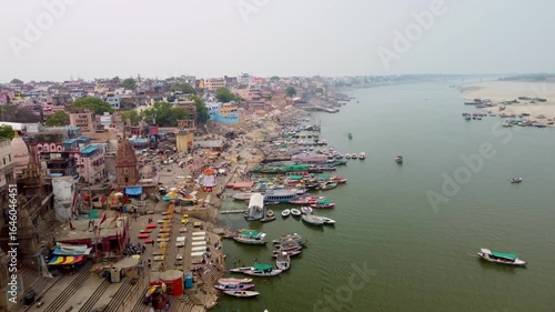 Drone Flying Towards the Ghats of Varanasi Along the Ganges River, India