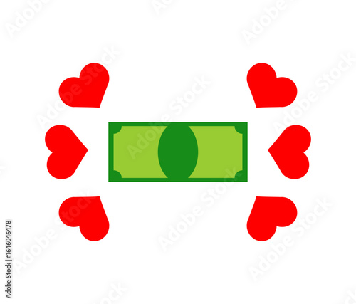 heart surrounded by dollar signs, representing love for money, financial passion, and materialistic relationships. Ideal for romance, finance, and conceptual art projects.