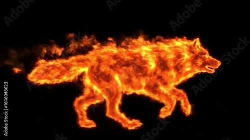 Fiery wolf silhouette strides against a black backdrop