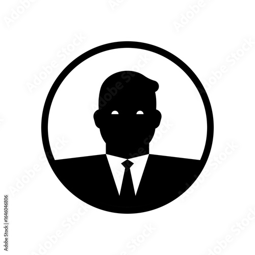 silhouette of businessman inside a circle frame. Symbolizes corporate profile, avatar, anonymity, and leadership. Suitable for business identity themes.