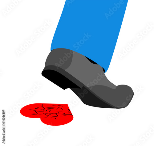 shoe stepping on a broken heart. Symbolizes heartbreak, betrayal, emotional pain, rejection, and sadness. Suitable for relationship and emotional themes.