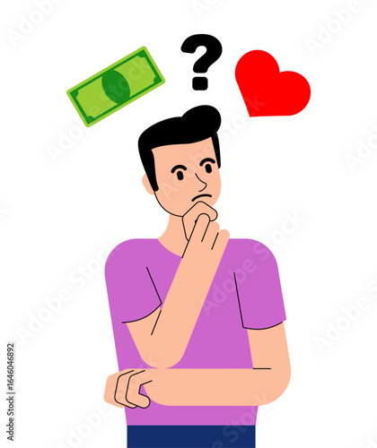 thoughtful man deciding between heart and money. Symbolizes dilemma, choice, relationship vs finance, and decision-making. Perfect for love or business concepts.