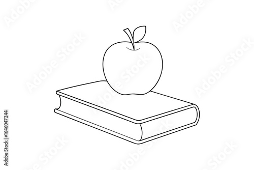 Simple outline drawing an apple top an open book single line education learning