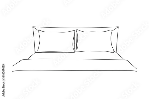 Simple single line drawing a bed with two pillows a duvet bedroom furniture