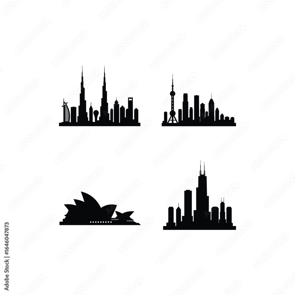Fototapeta premium World city skyline silhouette isolated on white background featuring dubai, shanghai, sydney and chicago for travel, tourism, architecture and business